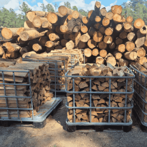 Stacked Red Oak firewood logs seasoned and split for fireplaces and fire pits